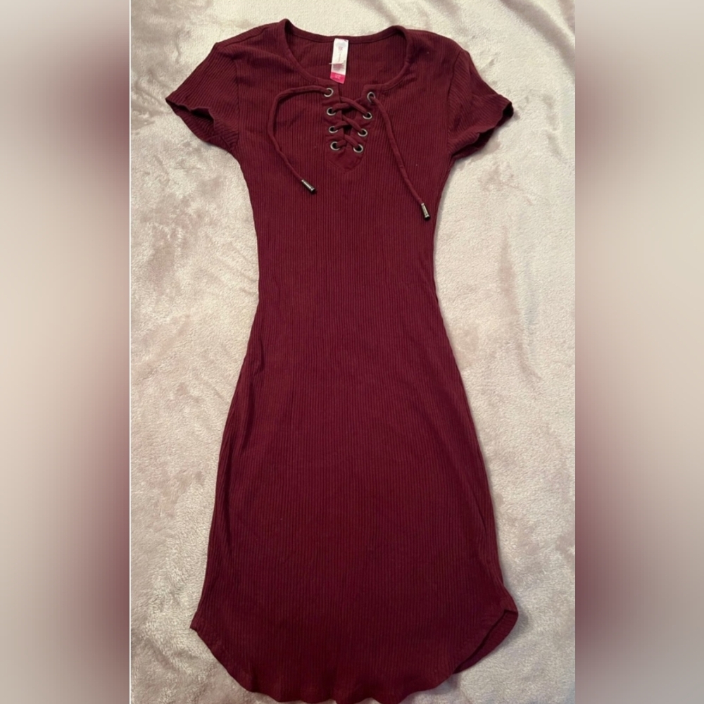 No Boundaries Lace-Up Ribbed Mini Dress in Burgundy